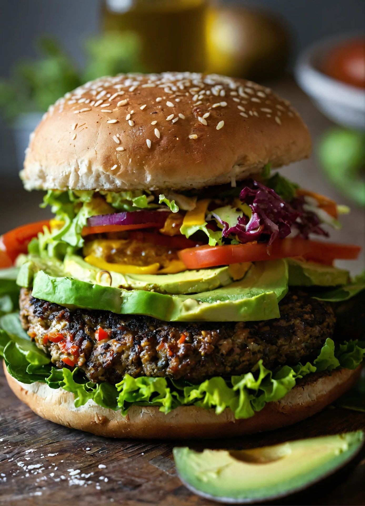 veggie burger with vegan cheese, vegan mayo, avocado, tomato, and lettuce on a whole grain vegan butter bun.