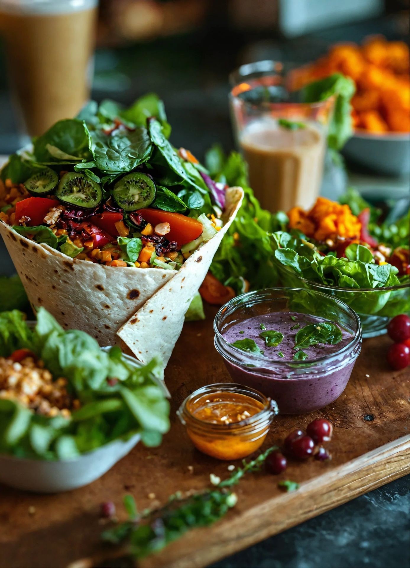 A vibrant veggie wrap surrounded by bowls of salad and colorful dipping sauces on a wooden table.